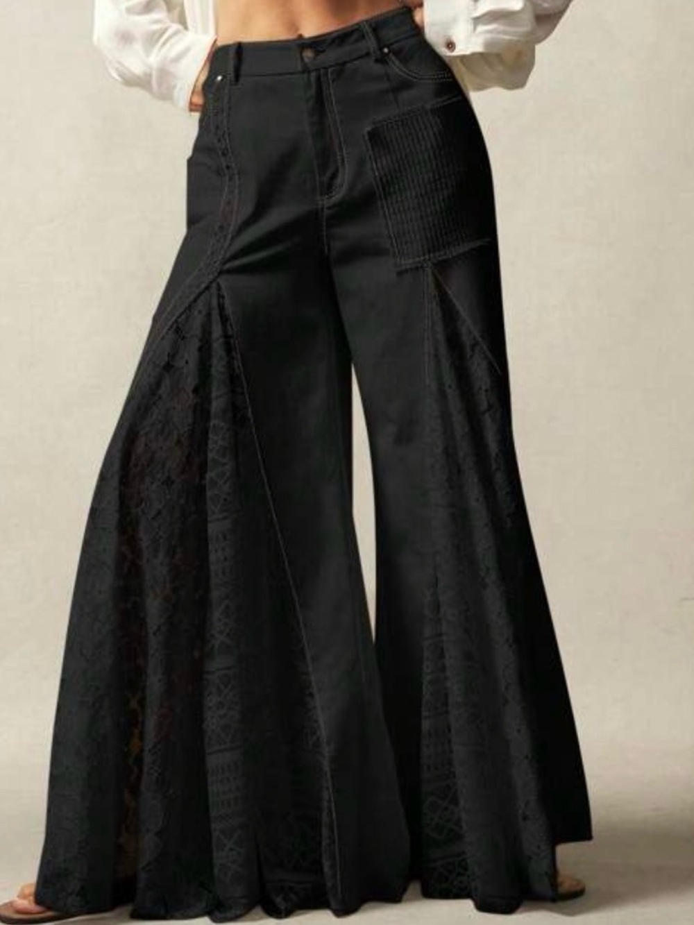 BLACK Super Wide Leg Denim & Lace BOHEMIAN Palazzo Pants SZ Medium / 6 ~ NEW!